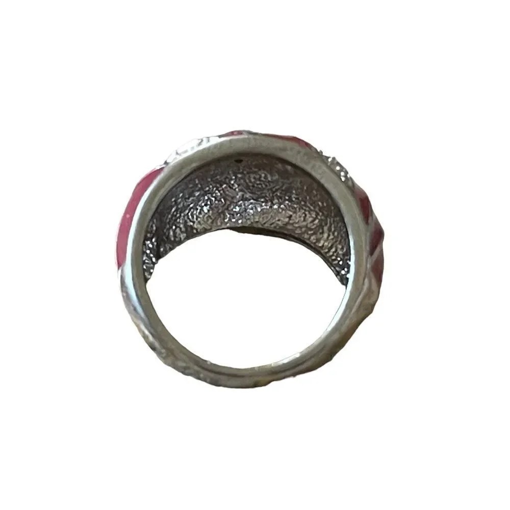 NWOT dark red enamel rhinestone silver tone ring US size 8